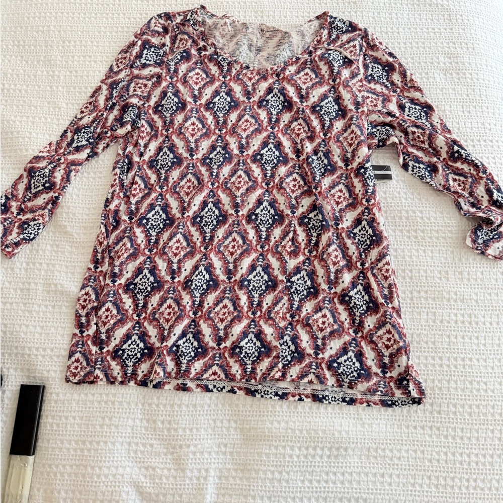 New Directions Red and Blue Patterned Long Sleeve Top